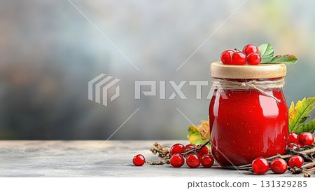 A Glorious Jar of Homemade Red Jam Surrounded by Fresh Berries and Leaves 131329285
