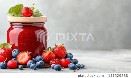 A Vibrant Jar of Homemade Berry Jam Surrounded by Fresh Strawberries, Blueberries 131329288