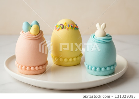 Colorful Decorative Eggs on a Plate, Showcasing Intricate Designs and Whimsical Toppings 131329383