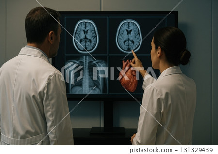 Medical Professionals Analyzing Diagnostic Imaging with Focus on Brain and Heart 131329439
