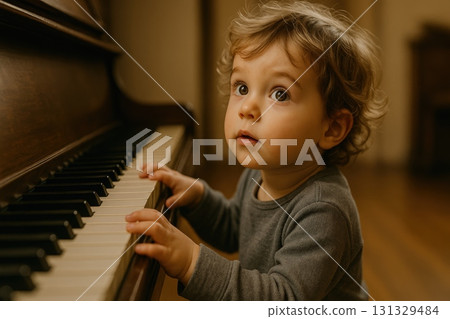 Curious Young Child Interacts with Piano, Exploring Music Creativity in Home Environment 131329484