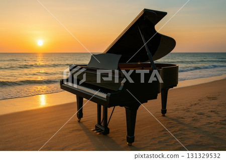 A Majestic Grand Piano Silhouetted Against a Serene Sunset Over Gentle Ocean Waves 131329532