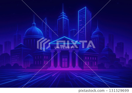 A Stunning Neon Cityscape Featuring a Modern University Surrounded by Skyscrapers 131329699