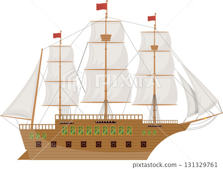 An old galleon ship with white sails and a wooden hull, a symbol of maritime history. 131329761