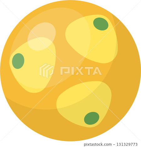 Cartoon yellow planet with green spots and light patches, isolated on a dark background. 131329773
