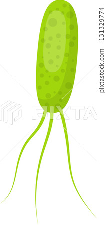 Stylized green bacteria cell with flagella, set against a black background, cartoon style. 131329774