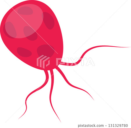 A pink cartoon cell with multiple flagella and dark spots is depicted against a black background. A pink cartoon cell with multiple flagella and dark spots is depicted against a black background. 131329780