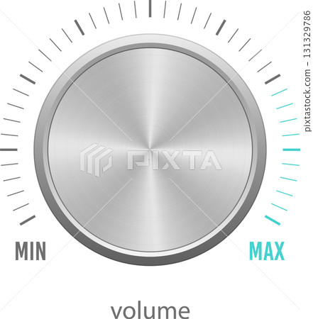Silver volume control knob turned up to maximum. Indicated by small lines and MAX label. 131329786