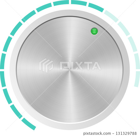 A silver circular control knob surrounded by teal markings indicating various levels/positions. 131329788
