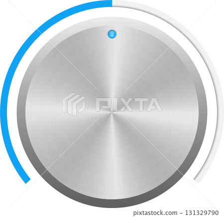 Metallic interface element featuring a circular meter indicator and a central point. 131329790