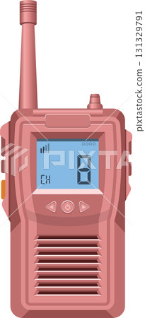 A pink handheld two-way radio or walkie-talkie with a blue screen displaying the number eight. A pink handheld two-way radio or walkie-talkie with a blue screen displaying the number eight. 131329791