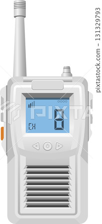 A white handheld two-way radio device with an antenna and a digital display showing channel 8. 131329793