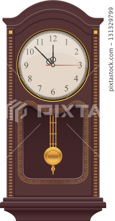 An antique clock, dark brown with a gold pendulum and a beige circular clock face with numbers. An antique clock, dark brown with a gold pendulum and a beige circular clock face with numbers. 131329799