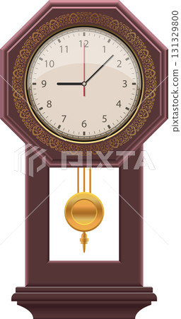 Decorative pendulum clock with a brown frame and ornate gold accents against a black backdrop. 131329800