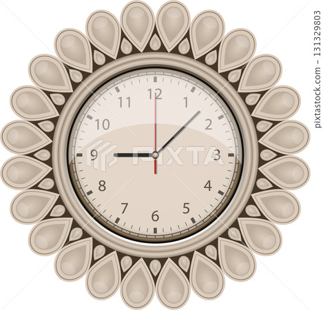 Elegant clock displaying the time with a cream face and decorative bezel featuring teardrop shapes. Elegant clock displaying the time with a cream face and decorative bezel featuring teardrop shapes. 131329803