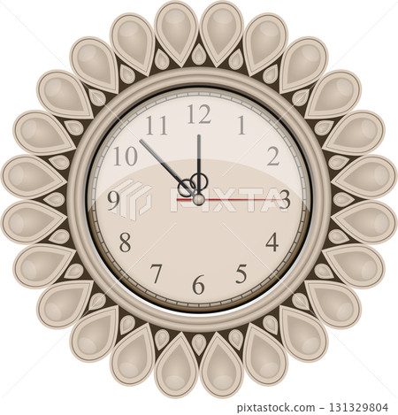 An analog wall clock with a decorative border displaying the time ten minutes after twelve. 131329804