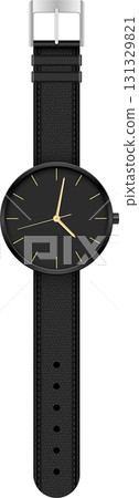 Elegant wrist watch with a black face, gold hands and markers, and a black strap with silver buckle. 131329821