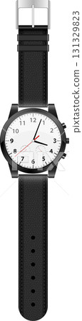Elegant wristwatch with black band and white face showing the time against a black background. Elegant wristwatch with black band and white face showing the time against a black background. 131329823