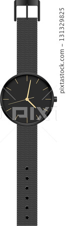 A stylish black wristwatch with a minimalist design, gold hands, and a sleek mesh metal band. A stylish black wristwatch with a minimalist design, gold hands, and a sleek mesh metal band. 131329825