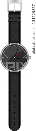 Elegant wristwatch with black textured leather strap, silver casing, and black clock face. Elegant wristwatch with black textured leather strap, silver casing, and black clock face. 131329827
