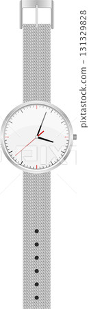 Silver wristwatch features a white dial, silver mesh band, and hour, minute, and seconds hands. Silver wristwatch features a white dial, silver mesh band, and hour, minute, and seconds hands. 131329828