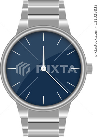 A stainless steel wristwatch with a dark blue face showing twelve o'clock in the afternoon. 131329832