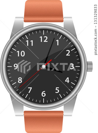 Wristwatch showing 12:17, featuring a dark face, clear numerals, and a tan leather band. 131329833