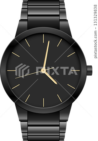 A sleek black wristwatch showcases a minimalist design with gold hands against a dark dial. 131329838