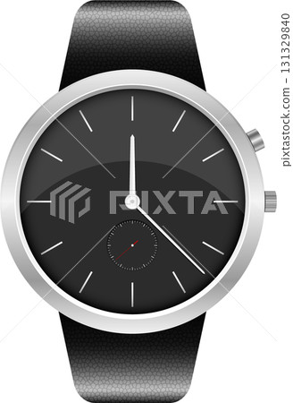 Sleek timepiece displaying minimalist design, featuring a matte black face and textured strap. 131329840