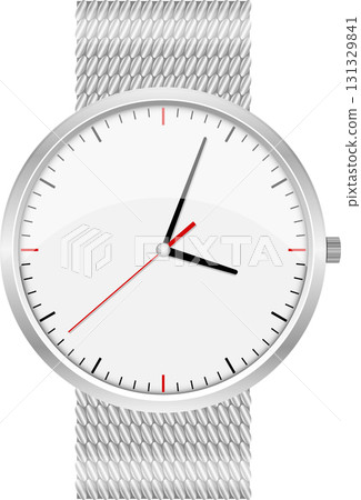 Elegant minimalist wristwatch features a clean white face with silver band and hands showing the time. Elegant minimalist wristwatch features a clean white face with silver band and hands showing the time. 131329841