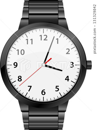 A close-up view of a sleek wristwatch displaying the time of 3:03, showcasing a white face. A close-up view of a sleek wristwatch displaying the time of 3:03, showcasing a white face. 131329842