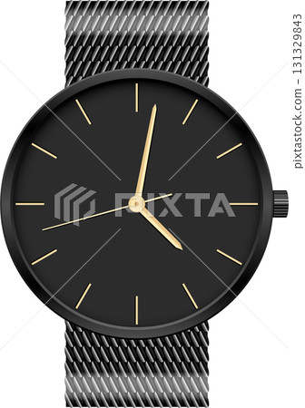 Sleek black wristwatch with gold hands, mesh band. A symbol of modern style and functionality. Sleek black wristwatch with gold hands, mesh band. A symbol of modern style and functionality. 131329843