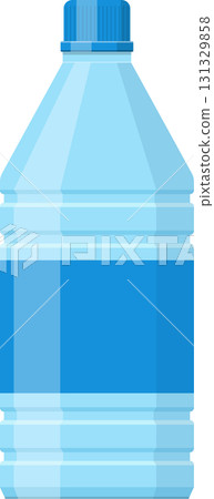 Simple illustration of a translucent plastic bottle filled with a blue liquid and a blue cap. 131329858