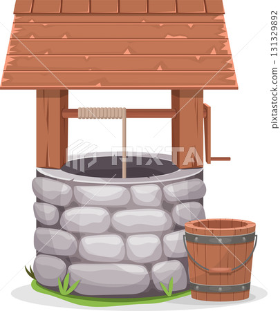 Rustic stone water well, complete with wooden roof, bucket, and winding mechanism, ready to use. Rustic stone water well, complete with wooden roof, bucket, and winding mechanism, ready to use. 131329892