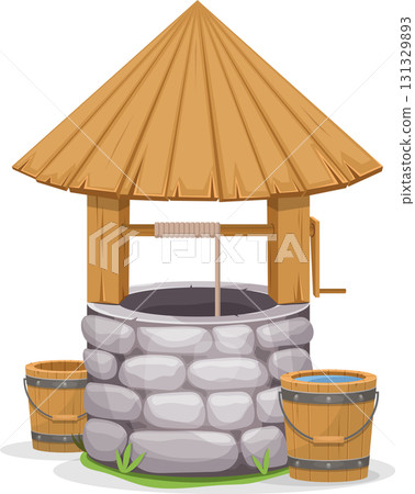 A rustic stone wishing well with a thatched roof and two wooden buckets sits on green grass. A rustic stone wishing well with a thatched roof and two wooden buckets sits on green grass. 131329893