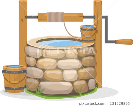 Illustration of an old stone water well with a wooden bucket and a pulley system for drawing water. 131329895