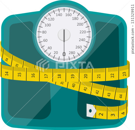 Weight scale with a measuring tape symbolizing health, fitness, and weight management efforts. Weight scale with a measuring tape symbolizing health, fitness, and weight management efforts. 131329911