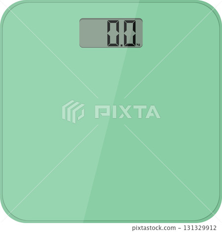 A sleek, modern, and light green weight scale sits ready to measure, displaying zero kilograms. 131329912