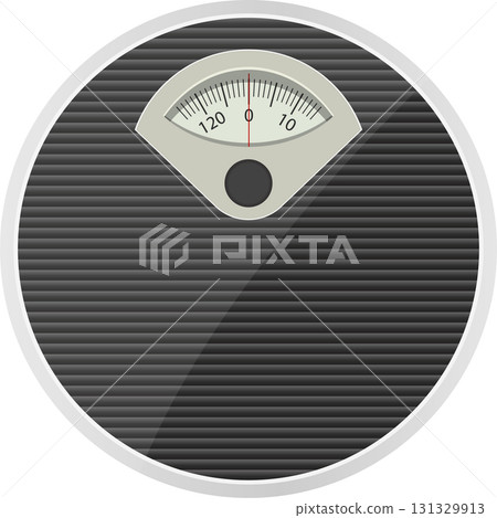 Round bathroom scale with a needle pointing to zero. Symbolizes measurement, weight, and health. 131329913