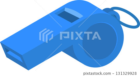 A blue whistle with a ring. The whistle has a hole to blow through and make a sound. 131329928