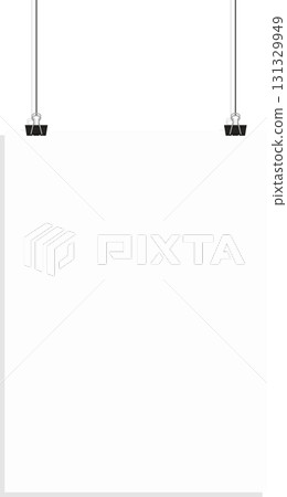 Blank white poster suspended from above by two black metal clips, ready for your design 131329949