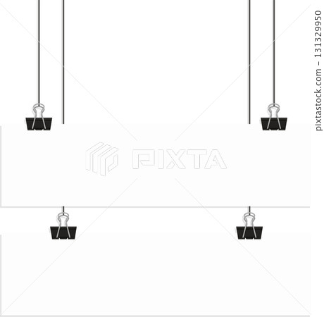 Two sheets of paper hang from black binder clips against a plain black background space. 131329950