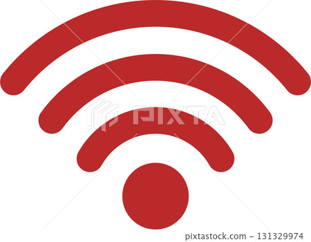 A red wireless connection icon against a stark black background, symbolizing connectivity. 131329974