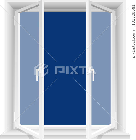 White window frame, partly open, showing blue sky outside and handles on the window panes. White window frame, partly open, showing blue sky outside and handles on the window panes. 131329981