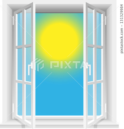 Open window offering a bright view with blue sky and yellow sun, inviting fresh air and light Open window offering a bright view with blue sky and yellow sun, inviting fresh air and light 131329984