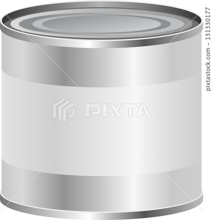 Shiny silver metal can with a blank white label awaiting branding, perfect for food storage. 131330177