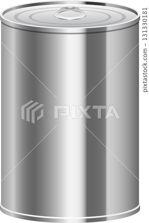 A sleek, shiny, cylindrical metal can with a pull-tab lid sits upright, reflecting light. A sleek, shiny, cylindrical metal can with a pull-tab lid sits upright, reflecting light. 131330181