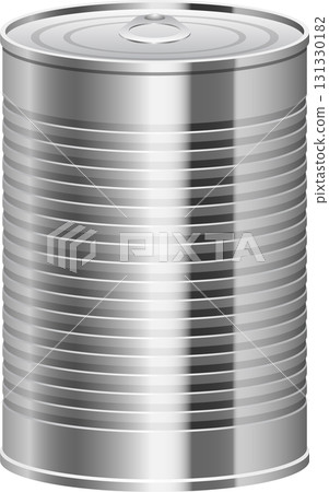 Shiny silver can with a pull tab on top and horizontal indentations running around the side. 131330182