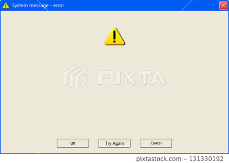 Error message window with a yellow warning sign, options to try again or cancel the operation. 131330192