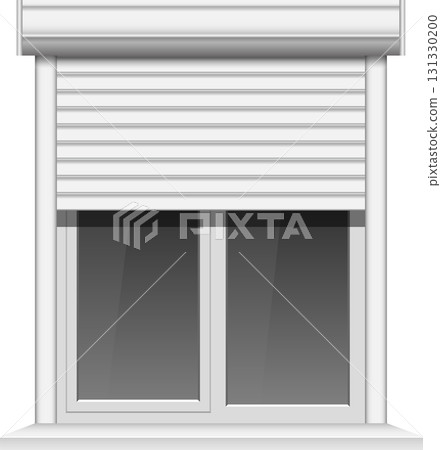 A window with a roller shutter. The shutter is partially closed, blocking the top of the window. 131330200